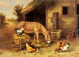 Edgar Hunt A Donkey and Chickens Outside a Stable painting